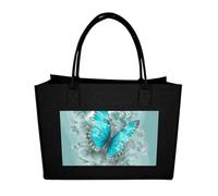 QMNALP Large Felt Tote Bag,cute Grocery Handbag Organizer for Work,Gym Light Blue Butterfly Printed Lunch Bag, Black-light Blue Butterfly, One Size