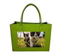 QMNALP Large Felt Tote Bag,cute Grocery Handbag Organizer for Work,Gym Little Cat on The Grass Printed Lunch Bag, Light Green-little Cat on the Grass, One Size