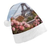 QMNALP Personalized Christmas Hat 17.1 * 11.7in Soft Cute Paris Eiffel Tower with Flowers Printed Santa Hat for New Year Party Supplies & Gifts