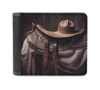 QMNALP Personalized Slim Bifold Leather Wallet for Men,Front Pocket Multiple Card Holder Horse Saddle with A Cowboy Hat Printed Wallets,Gift for Men And Women