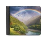 QMNALP Personalized Slim Bifold Leather Wallet for Men,Front Pocket Multiple Card Holder Mountain Valley with Rainbow Printed Wallets,Gift for Men And Women
