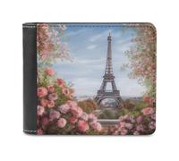 QMNALP Personalized Slim Bifold Leather Wallet for Men,Front Pocket Multiple Card Holder Paris Eiffel Tower with Flowers Printed Wallets,Gift for Men And Women