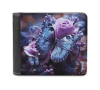 QMNALP Personalized Slim Bifold Leather Wallet for Men,Front Pocket Multiple Card Holder Purple Rose And Butterfly Printed Wallets,Gift for Men And Women