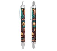 QMNBTES 2 Pack Retractable Black Ballpoint Pens for Smooth Writing 0.5mm Fine Point Fineliner Refillable Quick Dry Gel Ink Tribal Mask Pattern Rollerball Pens Comfort Grip for Journaling Note Taking