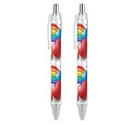 QMNBTES 2 Pack Retractable Black Ballpoint Pens for Smooth Writing 0.5mm Fine Point Fineliner Refillable Quick Dry Gel Ink Rainbow Love Heart Rollerball Pens Comfort Grip for Journaling Note Taking
