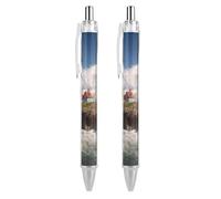 QMNBTES 2 Pack Retractable Black Ballpoint Pens for Smooth Writing 0.5mm Fine Point Fineliner Refillable Quick Dry Gel Ink Sea Lighthouse Rollerball Pens Comfort Grip for Journaling Note Taking