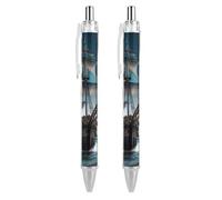 QMNBTES 2 Pack Retractable Black Ballpoint Pens for Smooth Writing 0.5mm Fine Point Fineliner Refillable Quick Dry Gel Ink Pirate Ship Rollerball Pens Comfort Grip for Journaling Note Taking