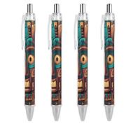 QMNBTES 4 Pack Retractable Black Ballpoint Pens for Smooth Writing 0.5mm Fine Point Fineliner Refillable Quick Dry Gel Ink Tribal Mask Pattern Rollerball Pens Comfort Grip for Journaling Note Taking