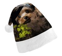 QMNBTES A Little Yorkshire Terrier Santa Hat Stretchable Xmas Hat with Plush Pom Pom for Christmas Party Family Matching Holiday Photos