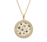 QMNBTES Atomic Stars Retro Pattern Diamond Necklace for Women Alloy 19.7" Cable Chain 1.3" Round Pendant Necklaces Romantic Memorial Necklace for Couple Friendship Daily Wear Valentines Jewelry Gifts
