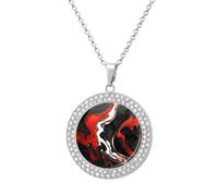 QMNBTES Black And Red Marble Diamond Necklace for Women Alloy 19.7" Cable Chain 1.3" Round Pendant Necklaces Romantic Memorial Necklace for Couple Friendship Daily Wear Valentines Jewelry Gifts, One