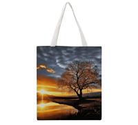 QMNBTES Black And White Tree at Gold Sunset Canvas Tote Bag for Women Men