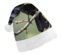 QMNBTES Black Crow Birds on A Branch Santa Hat Stretchable Xmas Hat with Plush Pom Pom for Christmas Party Family Matching Holiday Photos