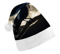 QMNBTES Black Crow on Full Moon Santa Hat Stretchable Xmas Hat with Plush Pom Pom for Christmas Party Family Matching Holiday Photos