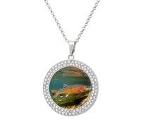 QMNBTES Brook Trout Fly Fishing Diamond Necklace for Women Alloy 19.7" Cable Chain 1.3" Round Pendant Necklaces Romantic Memorial Necklace for Couple Friendship Daily Wear Valentines Jewelry Gifts