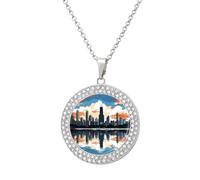 QMNBTES Chicago Skyline Diamond Necklace for Women Alloy 19.7" Cable Chain 1.3" Round Pendant Necklaces Romantic Memorial Necklace for Couple Friendship Daily Wear Valentines Jewelry Gifts, One size