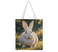 QMNBTES Cute White Rabbit Canvas Tote Bag for Women Men Reusable Shopping Bags with Handles Quilted Utility Tote Casual Shoulder Handbag for Grocery Beach Work Gym Picnic Diaper