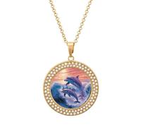QMNBTES Dolphins Art Diamond Necklace for Women Alloy 19.7" Cable Chain 1.3" Round Pendant Necklaces Romantic Memorial Necklace for Couple Friendship Daily Wear Valentines Jewelry Gifts, One size