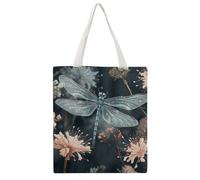 QMNBTES Dragonfly Flower Canvas Tote Bag for Women Men Reusable Shopping Bags with Handles Quilted Utility Tote Casual Shoulder Handbag for Grocery Beach Work Gym Picnic Diaper