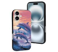 QMNBTES for iPhone 16 Case Soft TPU Phone Cover Military Grade Drop Protection Anti-Fingerprint Dolphins Art Cell Phone Case Shockproof Protective Cover for Women Men Girl, Black