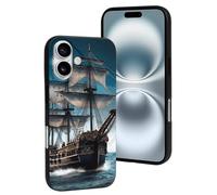 QMNBTES for iPhone 16 Case Soft TPU Phone Cover Military Grade Drop Protection Anti-Fingerprint Pirate Ship Cell Phone Case Shockproof Protective Cover for Women Men Girl, Black