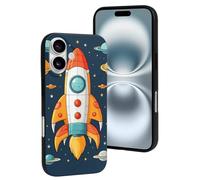 QMNBTES for iPhone 16 Case Soft TPU Phone Cover Military Grade Drop Protection Anti-Fingerprint Rocket Clipart Space Ship Cell Phone Case Shockproof Protective Cover for Women Men Girl, Black