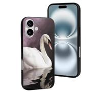 QMNBTES for iPhone 16 Case Soft TPU Phone Cover Military Grade Drop Protection Anti-Fingerprint White Swan Cell Phone Case Shockproof Protective Cover for Women Men Girl, Black