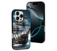 QMNBTES for iPhone 16 Pro Case Soft TPU Phone Cover Military Grade Drop Protection Anti-Fingerprint Pirate Ship Cell Phone Case Shockproof Protective Cover for Women Men Girl, Black