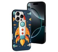 QMNBTES for iPhone 16 Pro Case Soft TPU Phone Cover Military Grade Drop Protection Anti-Fingerprint Rocket Clipart Space Ship Cell Phone Case Shockproof Protective Cover for Women Men Girl, Black