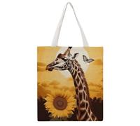 QMNBTES Giraffe And Sunflower Canvas Tote Bag for Women Men Reusable Shopping Bags with Handles Quilted Utility Tote Casual Shoulder Handbag for Grocery Beach Work Gym Picnic Diaper