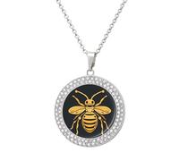 QMNBTES Golden Bee Insect Pattern Diamond Necklace for Women Alloy 19.7" Cable Chain 1.3" Round Pendant Necklaces Romantic Memorial Necklace for Couple Friendship Daily Wear Valentines Jewelry Gifts
