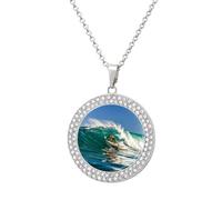 QMNBTES Hawaiian Surfer on Wavy Diamond Necklace for Women Alloy 19.7" Cable Chain 1.3" Round Pendant Necklaces Romantic Memorial Necklace for Couple Friendship Daily Wear Valentines Jewelry Gifts