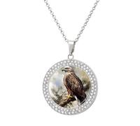 QMNBTES Hawk Sitting In The Tree Diamond Necklace for Women Alloy 19.7" Cable Chain 1.3" Round Pendant Necklaces Romantic Memorial Necklace for Couple Friendship Daily Wear Valentines Jewelry Gifts