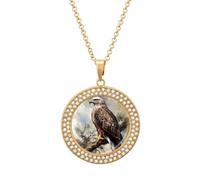 QMNBTES Hawk Sitting In The Tree Diamond Necklace for Women Alloy 19.7" Cable Chain 1.3" Round Pendant Necklaces Romantic Memorial Necklace for Couple Friendship Daily Wear Valentines Jewelry Gifts
