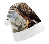 QMNBTES Hawk Sitting In The Tree Santa Hat Stretchable Xmas Hat with Plush Pom Pom for Christmas Party Family Matching Holiday Photos