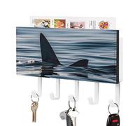 QMNBTES Key and Mail Holder Wall Mounted, 5 Hooks, Decorative Mail Organizer with Mounting Hardware, PU Leather Shark Fin Water Key Rack Hanger for Wall Entryway Hallway Living Room Home Decor