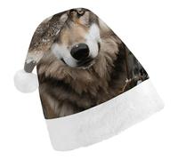 QMNBTES Lmage of Wolf in The Snow Santa Hat Stretchable Xmas Hat with Plush Pom Pom for Christmas Party Family Matching Holiday Photos