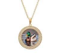 QMNBTES Mallard Duck Diamond Necklace for Women Alloy 19.7" Cable Chain 1.3" Round Pendant Necklaces Romantic Memorial Necklace for Couple Friendship Daily Wear Valentines Jewelry Gifts, One Size