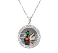 QMNBTES Mallard Duck Diamond Necklace for Women Alloy 19.7" Cable Chain 1.3" Round Pendant Necklaces Romantic Memorial Necklace for Couple Friendship Daily Wear Valentines Jewelry Gifts, One Size