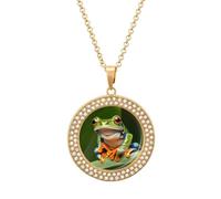 QMNBTES Peace Tree Frog Diamond Necklace for Women Alloy 19.7" Cable Chain 1.3" Round Pendant Necklaces Romantic Memorial Necklace for Couple Friendship Daily Wear Valentines Jewelry Gifts, One size