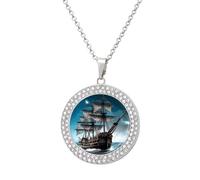 QMNBTES Pirate Ship Diamond Necklace for Women Alloy 19.7" Cable Chain 1.3" Round Pendant Necklaces Romantic Memorial Necklace for Couple Friendship Daily Wear Valentines Jewelry Gifts, One Size, Zinc