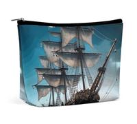 QMNBTES Pirate Ship Travel Makeup Bag Large Toiletry Bag for Women Waterproof Cosmetic Bags for Purse Portable Makeup Organizer Bags Cute Zipper Pouch Cosmetic Pouch Funny Travel Makeupbag