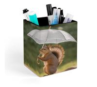 QMNBTES PU Leather Squirrel Hold A Umbrellas Pen Holder Square Desktop Organizer with Soft Flannel Lining Waterproof & Non-slip Office Supply Storage Box for Home Vanity Professional Workspace