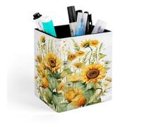 QMNBTES PU Leather Sunflower And Corn Pen Holder Square Desktop Organizer with Soft Flannel Lining Waterproof & Non-slip Office Supply Storage Box for Home Vanity Professional Workspace