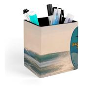 QMNBTES PU Leather Surf's Up Surfboard Pen Holder Square Desktop Organizer with Soft Flannel Lining Waterproof & Non-slip Office Supply Storage Box for Home Vanity Professional Workspace