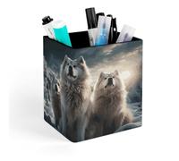 QMNBTES PU Leather Wolf Tribe Pen Holder Square Desktop Organizer with Soft Flannel Lining Waterproof & Non-slip Office Supply Storage Box for Home Vanity Professional Workspace