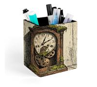 QMNBTES PU Leather Woodcut Clock Gear Pen Holder Square Desktop Organizer with Soft Flannel Lining Waterproof & Non-slip Office Supply Storage Box for Home Vanity Professional Workspace