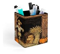 QMNBTES PU Leather Woodcut Harvest Barn Pen Holder Square Desktop Organizer with Soft Flannel Lining Waterproof & Non-slip Office Supply Storage Box for Home Vanity Professional Workspace