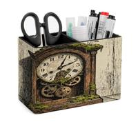 QMNBTES Rectangle Woodcut Clock Gear Pen Holder Desktop Organizer