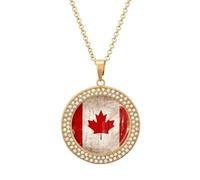 QMNBTES Retro Canada Flag Diamond Necklace for Women Alloy 19.7" Cable Chain 1.3" Round Pendant Necklaces Romantic Memorial Necklace for Couple Friendship Daily Wear Valentines Jewelry Gifts, One size